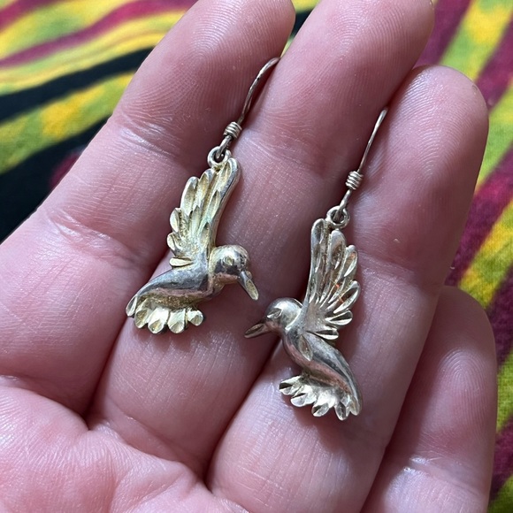 Vintage Jewelry - Vintage Cottagecore Hummingbird Sterling Silver 925 Dangle Pierced Earrings